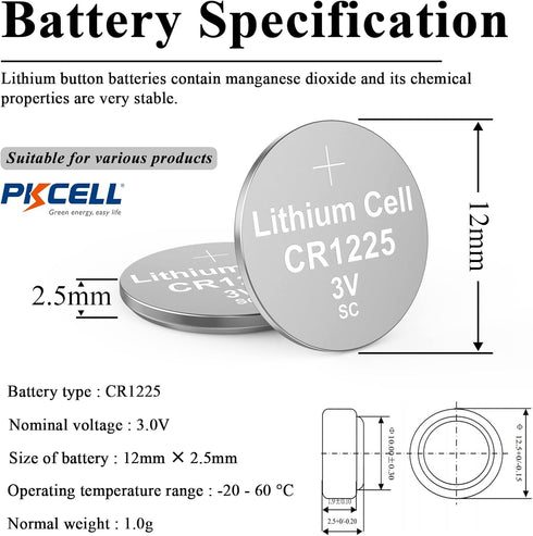 PKCELL 50-Pack CR1225 3V Lithium Battery CR 1225 Batteries for Thermometer