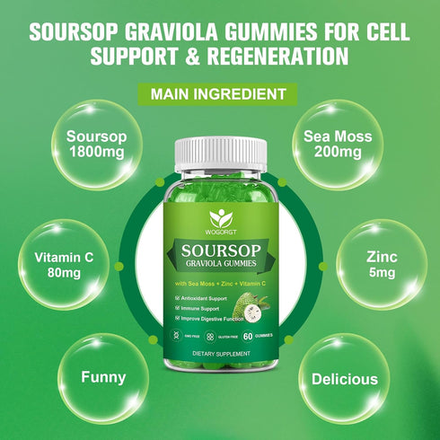 Soursop Graviola Gummies 60 Gummies - 1800mg Soursop Leaves Extract with 200mg Sea Moss for Antioxidant & Immune