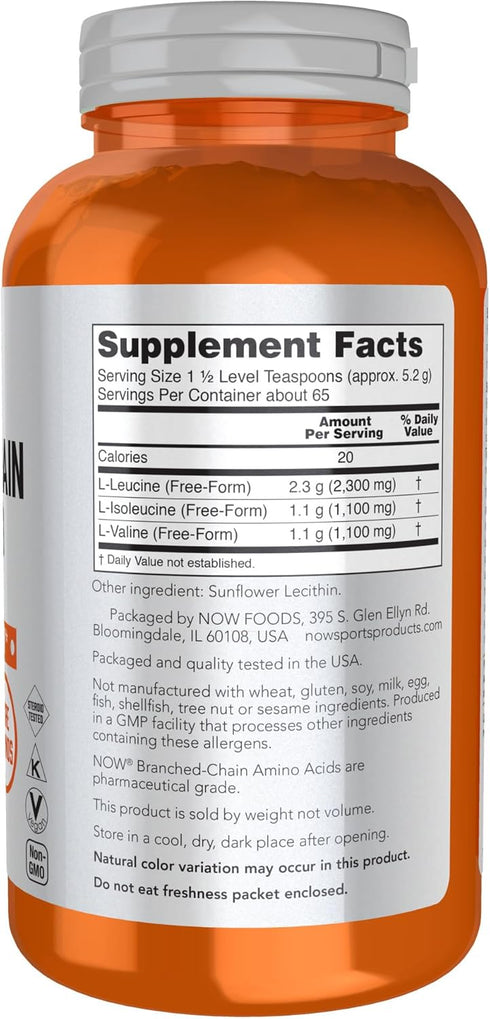 NOW Foods Sports Nutrition, 12-Ounce Branched Chain Amino Acid Powder with Leucine, Isoleucine, Valine
