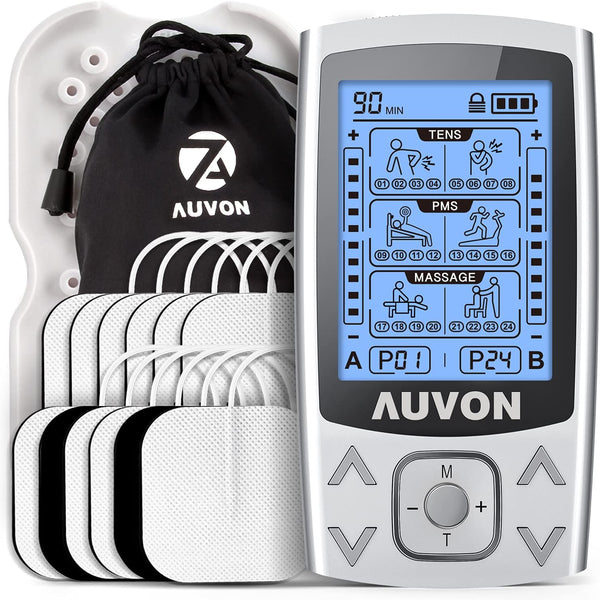 AUVON Dual Channel TENS EMS Unit - 24 Modes Muscle Stimulator for Pain Relief, Rechargeable with 12 Pads