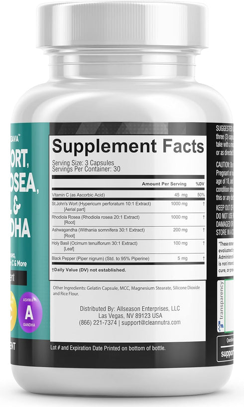 Clean Nutraceuticals St Johns Wort - 90 Caps - 10000mg Rhodiola Rosea, 20000mg Holy Basil, 3000mg Ashwagandha, Mood