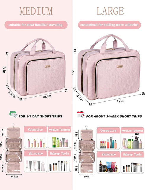 Pink Toiletry Bag Travel with Hanging Hook, Water-resistant Cosmetic Makeup Organizer for Full Sized Toiletries