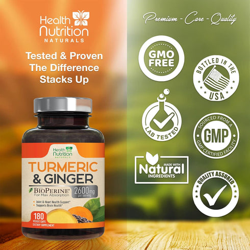 Turmeric Curcumin with BioPerine & Ginger, 180 Capsules for Natural Joint & Heart Support