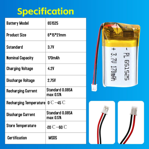 Qimoo 651525 3.7V 70mAh 651525 Pack PH2.0mm Lipo Battery Rechargeable Lithium Polymer Battery with JST Connector