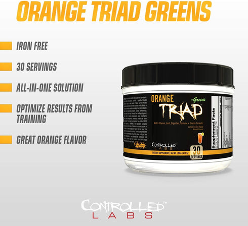 CONTROLLED LABS Orange Triad Plus Greens Sports Supplement for Men and Women, 30 Servings, Iron Free