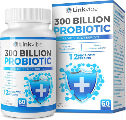 Probiotic 300 Billion CFU - 12 Strains with Organic Prebiotics for Digestive & Gut, Immune, Bloating Health - 60 Counts