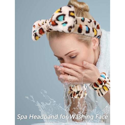 VELSCRUN 6 Pack Spa Headband, Makeup Headband, Face Wash Headband, Skincare Headbands, Sponge Hair Band Bow Tie Spa Headband for Washing Face Wristband Set Hair Accessories for Women Gifts Leopard D