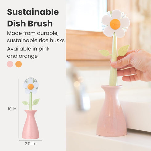 Vigar Florganic Daisy-Shaped Dish Brush with Vase Dish Brush Holder, Dish Brush with Handle, for Pot Scrubber, Kitchen