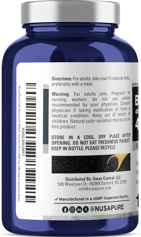 NusaPure Full Spectrum Black Cumin Seed 10:1 Extract - 450 mg Equivalent to 4,500mg, 180 Veggie Powder Caps