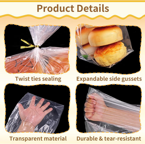 Reastar 60 100 Bread Bags with Ties, Clear Bread Bags for Homemade Bread and Ties, Adjustable Reusable Plastic Bread