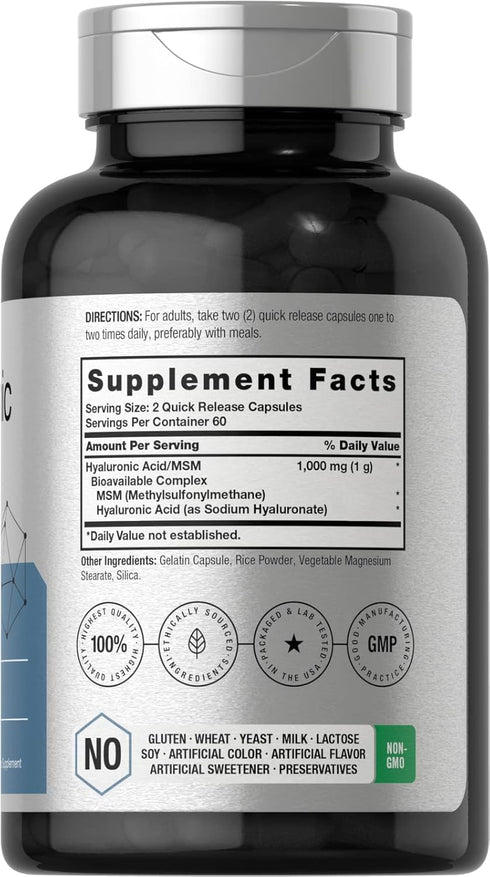 Horbaeach Hyaluronic Acid with MSM | 1000 mg | 120 Capsules | Non-GMO and Gluten Free Supplement | Bioavailable Formula