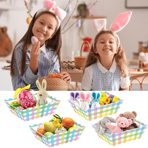 Zoketriton 24 Set Easter Buffalo Plaid Baskets for Gifts Empty with Cellophane Basket Bags Bows, Easter Market Tray