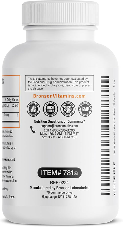 Bronson Vitamin K2 (MK7) with D3 | 60 Capsules - Non-GMO Formula | 5000 IU Vitamin D3 & 90 mcg Vitamin K2 MK-7