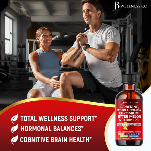 JB Wellness Co 4 OZ Berberine with Ceylon Cinnamon Supplement Liquid Drops + Bitter Melon Extract, Glucomannan
