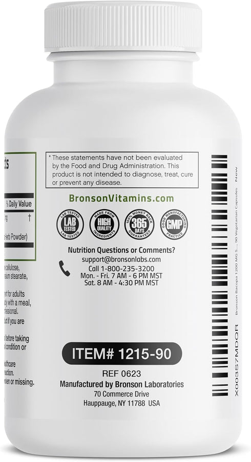 Bronson Bacopa | 1200mg Equivalent from 8:1 Extract | 90 Vegetarian Capsules - Supports Healthy Brain Function