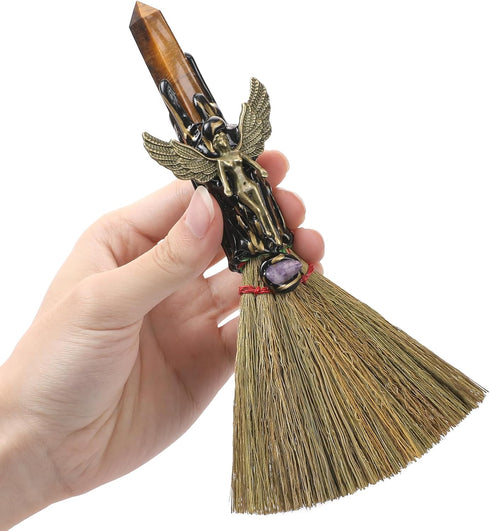 RENEMEGO Witch Broom Witchcraft Supplies - Altar Supplies with Tiger Eye Stone