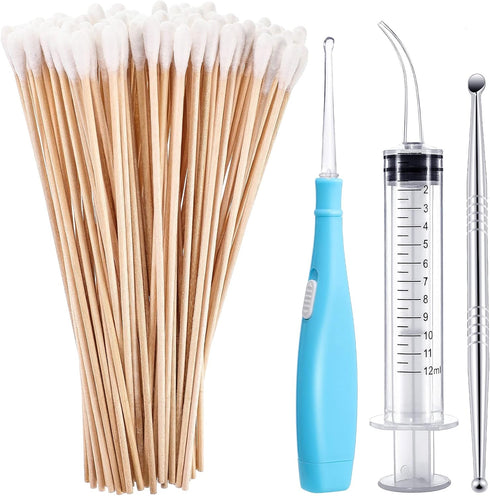Tonsil Stone Removal Set with Stainless Steel Tool, LED Light Remover, Long Swabs, and Irrigator Syringe