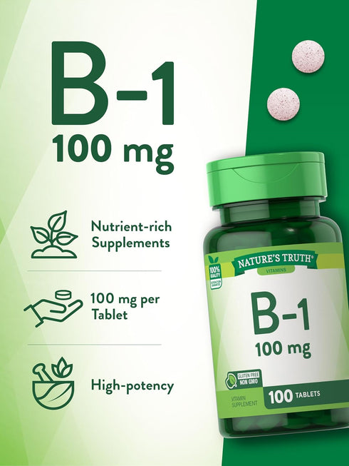 Nature's Truth Vitamin B1 100mg (Thiamine), 100 Count, Vegetarian, Non-GMO & Gluten Free Supplement