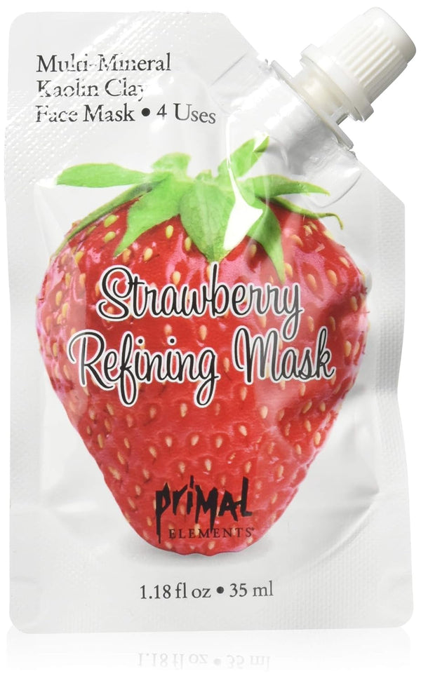 Primal Elements Clay Mud Face Mask, Strawberry Refining Treatment for Pores & Blackheads, Multi-Use Package, 1.18 oz