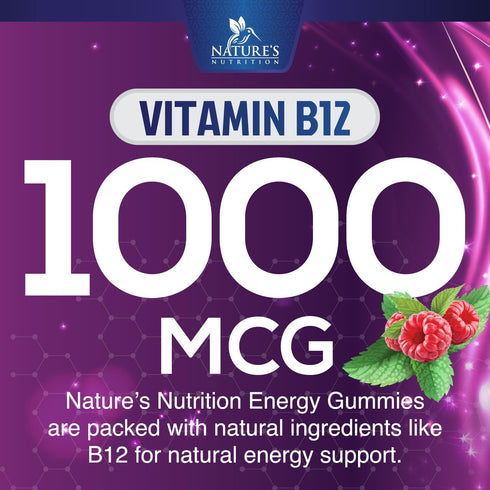 Extra Strength Energy Gummies with Vitamin B12, Green Tea & Natural Caffeine, 1000 mcg, 120 Count, Berry Flavor
