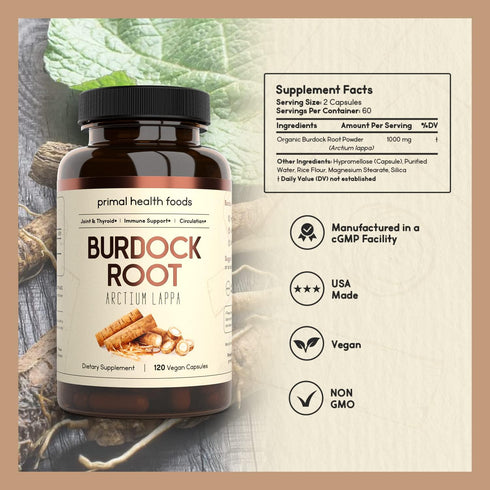 Organic Burdock Root Capsules 1000 mg, 60 Servings for Circulation, Blood, Immune, Thyroid, Skin, Joint Support