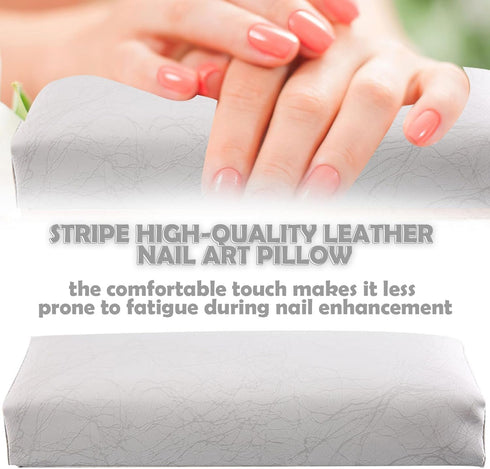 Nail Arm Rest Hand Cushion, Soft Sponge Stripe Leather Pillow for Manicure, Salon Armrest Tool (White)