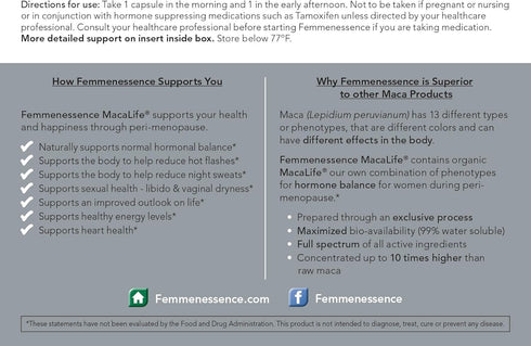 Femmenessence MacaLife – Natural Hormone Balance Supplements for Women, 120 Maca Capsules, Relief of Hot Flashes