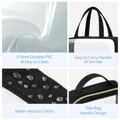 PACKISM Clear Toiletry Bags - 3 Pack Waterproof Clear Makeup Bags with Handle, Large Opening Travel Accessories, Black