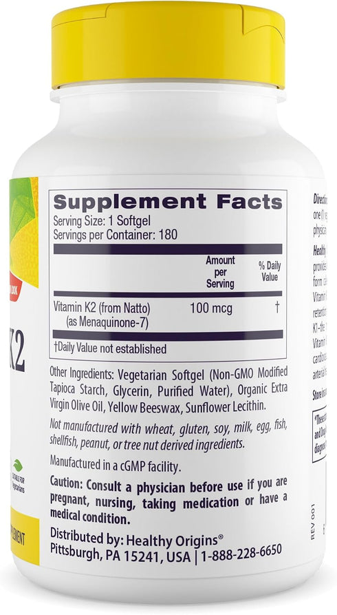 K2 100 (MK-7, 180 Healthy Origins Vitamin mcg Non-GMO, Gluten Free, Cardiovascaular Support, Bone Support), Veggie Gels