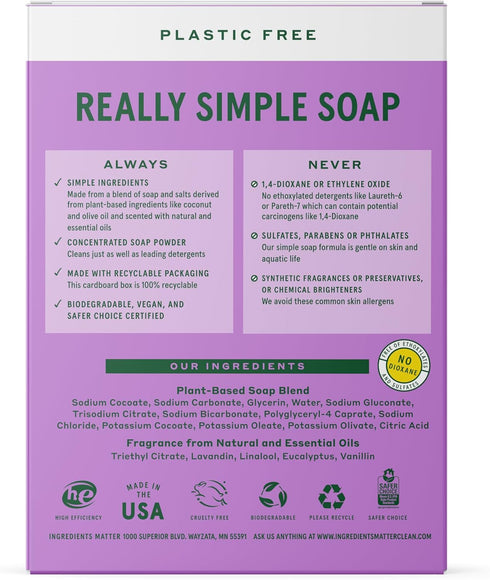 Ingredients Matter Powder Laundry Soap - Lavender Scent, Hypoallergenic Detergent, Natural & Eco-Friendly, Plastic Free, Made in USA, Natural Essential Oils & Dermatologist Tested - 15 oz, 30 Loads