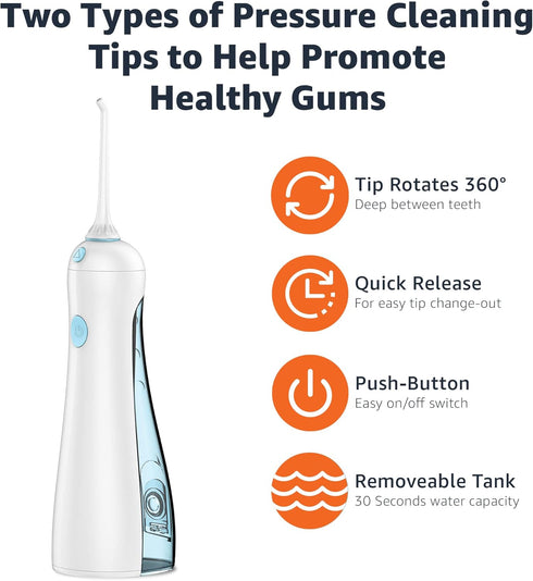 Amazon Basics HydroClean Cordless Water Flosser, 1 Handle, 2 Flosser Tips, 2 AA Batteries Included for Easy Use