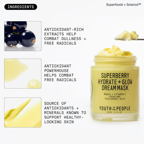 Youth To The People Superberry Glow Dream Mask - Brightening Overnight Face Mask + Hyaluronic Acid Night Moisturizer
