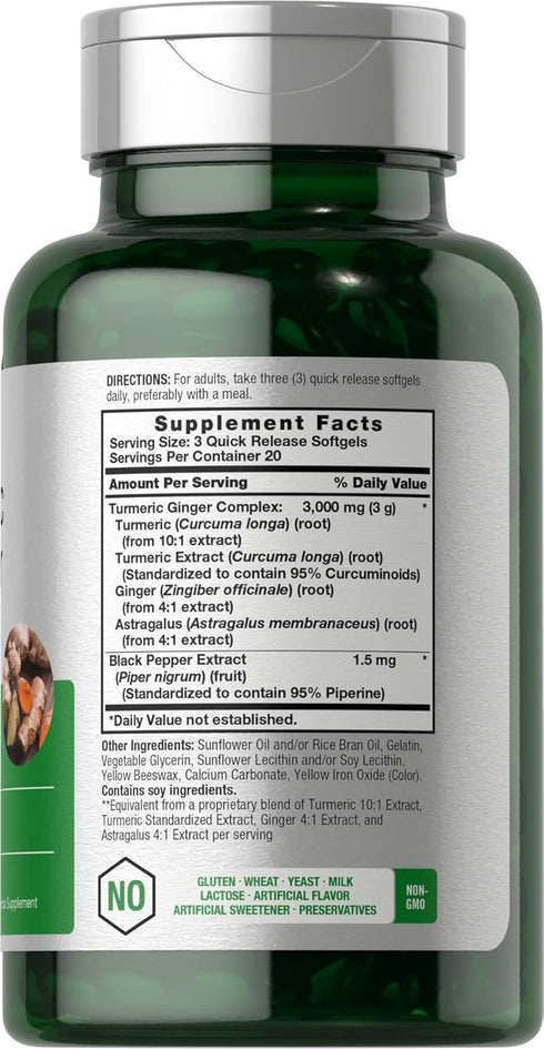 Horbaeach Turmeric and Ginger Supplement 3000 mg | 60 Softgel Capsules | Turmeric Curcumin Complex with Black Pepper Extract | Non-GMO, Gluten Free