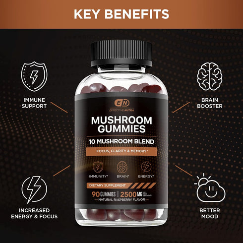 Mushroom Gummies 10 Blend - Mushroom Complex 2500mg - Brain Booster, Immune Support, Energy - Mushroom Supplement for Men & Women (90ct)