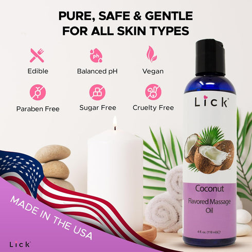 Coconut Flavored Massage Oil for Couples – Edible Massaging Lotion with Vitamin E, Sweet Almond and Coconut Oil, Non