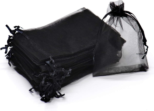 50Pcs Black Organza Bags 8X12 inch - Large Mesh Drawstring Sheer Halloween Goodie Gift Bags for Christmas Wedding