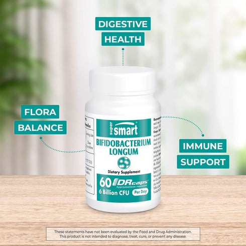 Supersmart - Bifidobacterium Longum (BB536) 6 Billion CFU per Day - Probiotics & Prebiotics Supplement | Non-GMO & Gluten Free - 60 DR Capsules