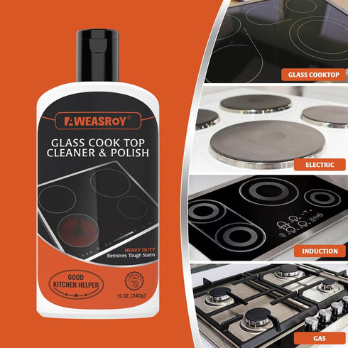 Glass Stove Top Cleaner Kit 12 oz, Non-Abrasive Cooktop Cleaner and Polish with Scrubbing Pad, Handle, Scraper, Cloth