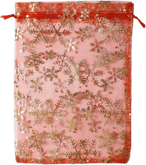SUNGULF 100pcs Organza Pouch Bag, 6"x9" Drawstring Gift Candy Bag for Jewelry Party Wedding Favor (Red Snowflake)