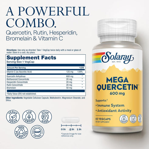 SOLARAY Mega Quercetin with Bromelain, Vitamin C, 60 VegCaps - Antioxidant Support