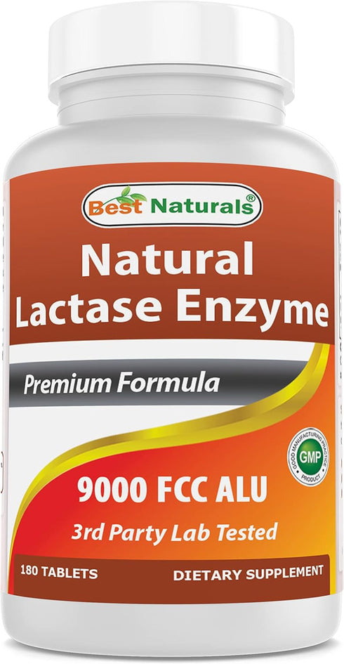 Best Naturals Lactose Intolerance Relief Tablets, Natural Lactase Enzyme, 9000 FCC ALU, 180 Count