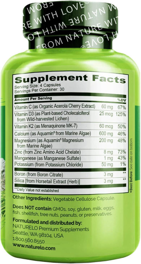 NATURELO Calcium Supplement for Bone Strength with 600mg Calcium, Vitamin D3, K2, C, Magnesium, Zinc - 120 Vegetarian