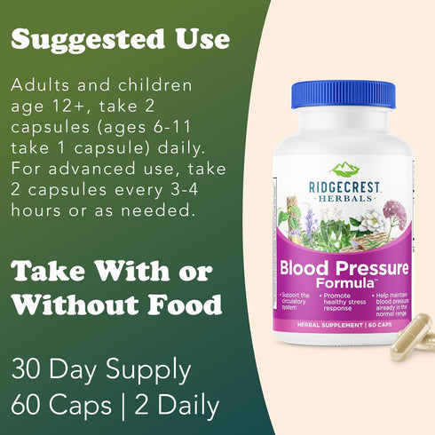 RidgeCrest Herbals Blood Pressure Herbal Formula, 12 Herbs for Heart Health, 60 Count