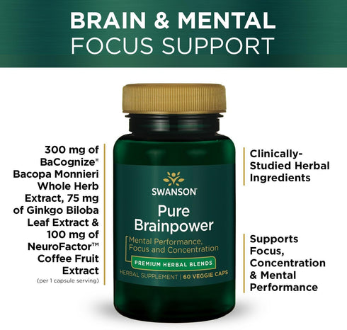 Swanson Pure Brainpower Cognitive Memory Focus Support Supplement, 60 Veggie Capsules with Ginkgo Biloba, Bacopa