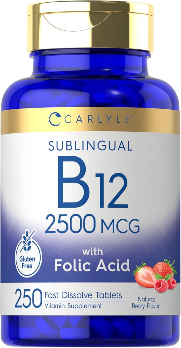 Carlyle Vitamin B12 Sublingual 2500 mcg - 250 Fast Dissolve Tablets, Cyanocobalamin Supplement with Folic Acid for