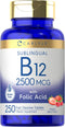 Carlyle Vitamin B12 Sublingual 2500 mcg - 250 Fast Dissolve Tablets, Cyanocobalamin Supplement with Folic Acid for