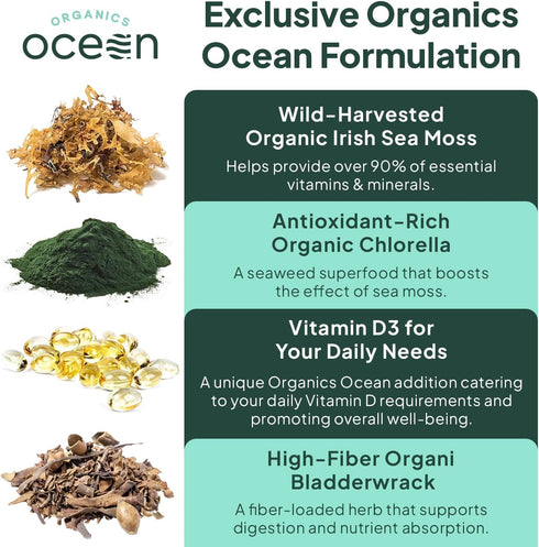Wild Sea Moss Capsules - 100% Organic Irish Sea Moss with Chlorella, Bladderwrack, Vitamin D for Energy, Lung Health,