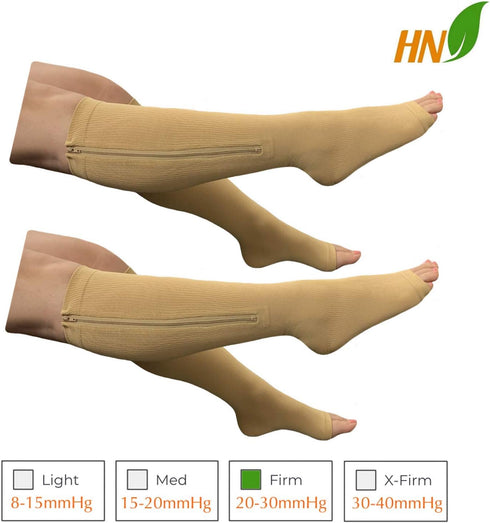 HealthyNees 2 Set 20-30 mmHg (2 4X-Large) Open Toe Compression Leg Calf Swelling Zipper Sock Pairs Beige