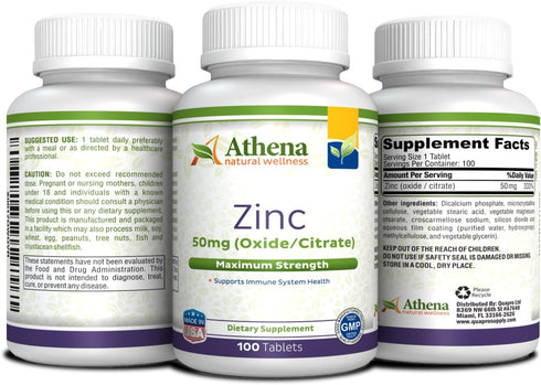 Athena Zinc Supplement Tablets 50mg - 100 Coated Tablets - Oxide/Citrate