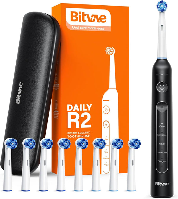 Bitvae R2 Rotating Electric Toothbrush for Adults, 8 Brush Heads, 5 Modes, Black